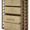 Rangement à caisses en bois avec tablettes coulissantes